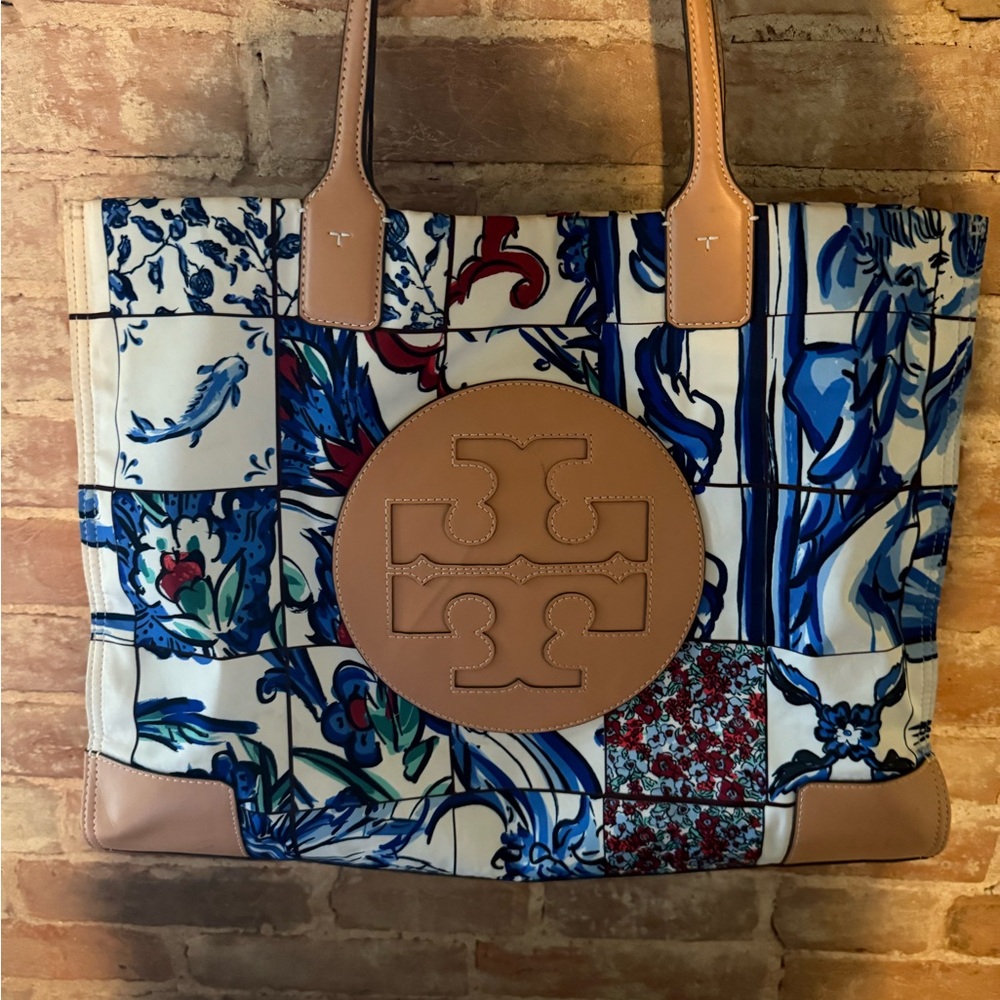 Tory Burch Blue and Tan Patchwork Tote